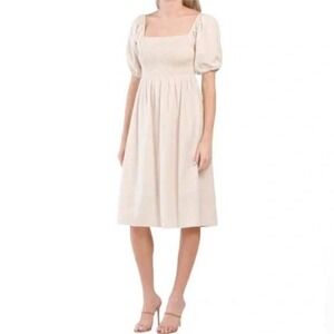 Neutral Linen Blend Smocked Midi Dress Beige Puff Sleeve Coastal Chic L